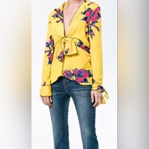 Proenza Schouler Tie-front Floral Blouse In Yellow Blue Lily Print.  NWT Size 8.